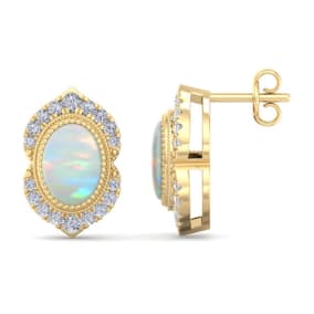 2 Carat Oval Shape Opal and Diamond Earrings In 14K Yellow Gold