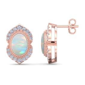 2 Carat Oval Shape Opal and Diamond Earrings In 14K Rose Gold
