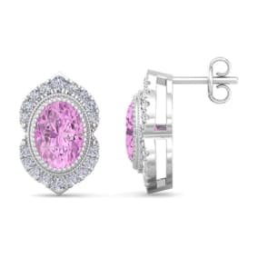 2 1/2 Carat Oval Shape Pink Topaz and Diamond Earrings In 14K White Gold