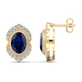 2 1/2 Carat Oval Shape Sapphire and Diamond Earrings In 14K Yellow Gold