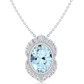 1 1/5 Carat Oval Shape Aquamarine and Diamond Necklace In 14K White Gold