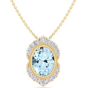 1 1/5 Carat Oval Shape Aquamarine and Diamond Necklace In 14K Yellow Gold