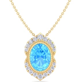 1 3/4 Carat Oval Shape Blue Topaz and Diamond Necklace In 14K Yellow Gold