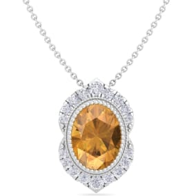 1 1/5 Carat Oval Shape Citrine and Diamond Necklace In 14K White Gold