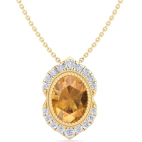 1 1/5 Carat Oval Shape Citrine and Diamond Necklace In 14K Yellow Gold