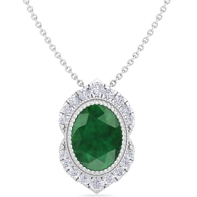 1-1/5 Carat Oval Shape Emerald Necklaces With Diamond Halo In 14 Karat White Gold, 18 Inch Chain