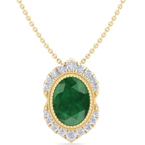 1-1/5 Carat Oval Shape Emerald Necklaces With Diamond Halo In 14 Karat Yellow Gold, 18 Inch Chain