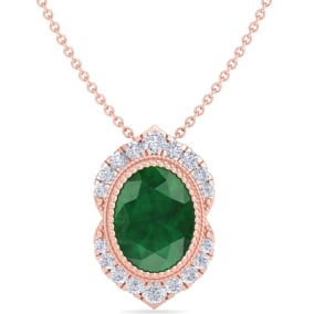 1-1/5 Carat Oval Shape Emerald Necklaces With Diamond Halo In 14 Karat Rose Gold, 18 Inch Chain