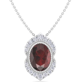 1 3/4 Carat Oval Shape Garnet and Diamond Necklace In 14K White Gold
