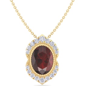 1 3/4 Carat Oval Shape Garnet and Diamond Necklace In 14K Yellow Gold