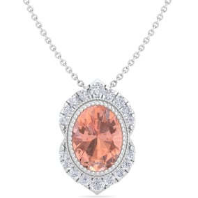 1-1/5 Carat Oval Shape Morganite Necklace With Fancy Diamond Halo In 14K White Gold With 18 Inch Chain