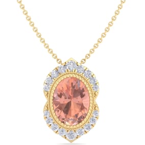 1-1/5 Carat Oval Shape Morganite Necklace With Fancy Diamond Halo In 14K Yellow Gold With 18 Inch Chain