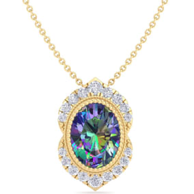 1-3/4 Carat Oval Shape Mystic Topaz Necklace With Diamond Halo In 14 Karat Yellow Gold, 18 Inches