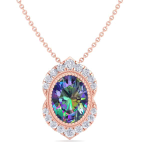 1-3/4 Carat Oval Shape Mystic Topaz Necklace With Diamond Halo In 14 Karat Rose Gold, 18 Inches