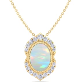 1-1/5 Carat Oval Shape Opal and Diamond Necklace In 14K Yellow Gold