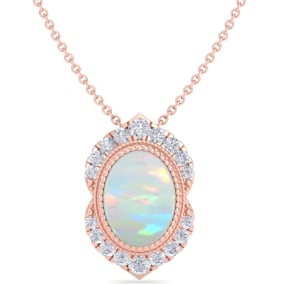 1-1/5 Carat Oval Shape Opal and Diamond Necklace In 14K Rose Gold