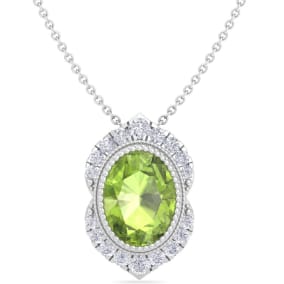 1 3/4 Carat Oval Shape Peridot and Diamond Necklace In 14K White Gold