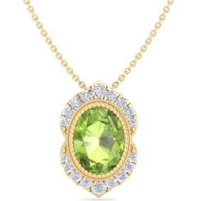 1 3/4 Carat Oval Shape Peridot and Diamond Necklace In 14K Yellow Gold