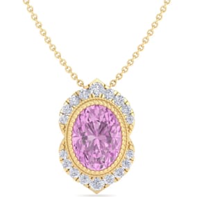 1 3/4 Carat Oval Shape Pink Topaz and Diamond Necklace In 14K Yellow Gold