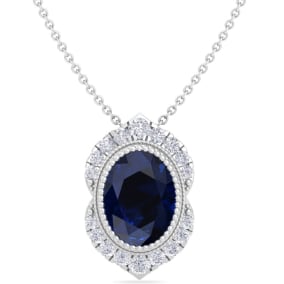 1 3/4 Carat Oval Shape Sapphire and Diamond Necklace In 14K White Gold