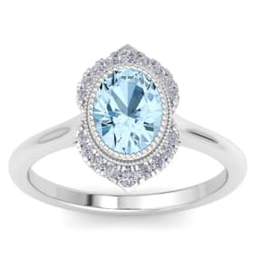 1 1/5 Carat Oval Shape Aquamarine and Diamond Ring In 14K White Gold