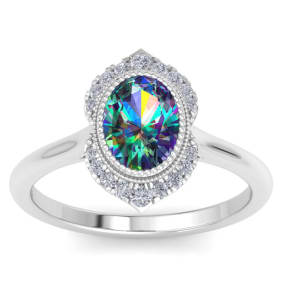 1-3/4 Carat Oval Shape Mystic Topaz Ring and Diamond Halo In 14 Karat White Gold