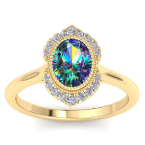 1-3/4 Carat Oval Shape Mystic Topaz Ring and Diamond Halo In 14 Karat Yellow Gold