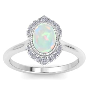 1-1/5 Carat Oval Shape Opal Ring and Diamonds In 14K White Gold