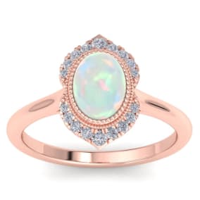 1-1/5 Carat Oval Shape Opal Ring and Diamonds In 14K Rose Gold
