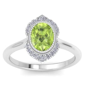 1 3/4 Carat Oval Shape Peridot and Diamond Ring In 14K White Gold