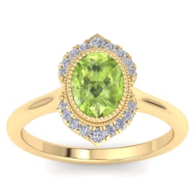 1 3/4 Carat Oval Shape Peridot and Diamond Ring In 14K Yellow Gold
