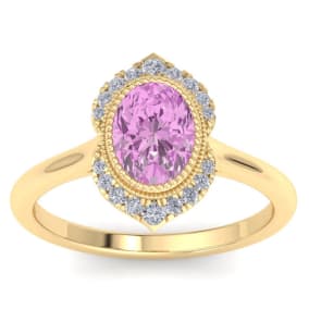 1 3/4 Carat Oval Shape Pink Topaz and Diamond Ring In 14K Yellow Gold