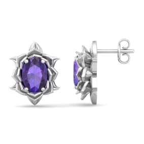 1 1/2 Carat Oval Shape Amethyst Ornate Stud Earrings In 14K White Gold