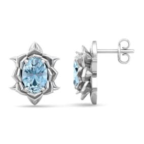 1 1/2 Carat Oval Shape Aquamarine Ornate Stud Earrings In 14K White Gold