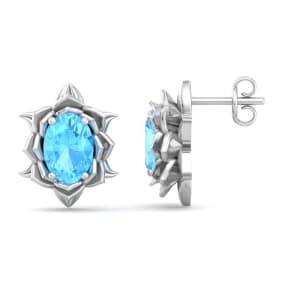 2 Carat Oval Shape Blue Topaz Ornate Stud Earrings In 14K White Gold