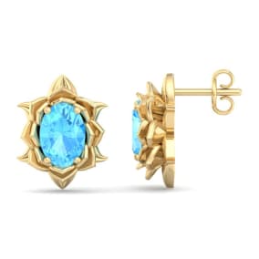 2 Carat Oval Shape Blue Topaz Ornate Stud Earrings In 14K Yellow Gold