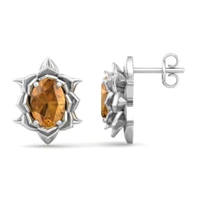 1 1/2 Carat Oval Shape Citrine Ornate Stud Earrings In 14K White Gold
