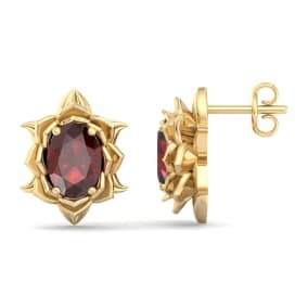 2 Carat Oval Shape Garnet Ornate Stud Earrings In 14K Yellow Gold