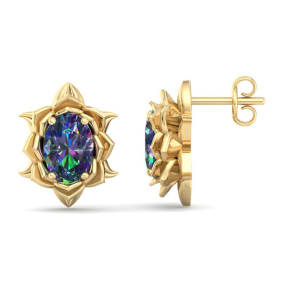 2 Carat Oval Shape Mystic Topaz Ornate Stud Earrings In 14K Yellow Gold