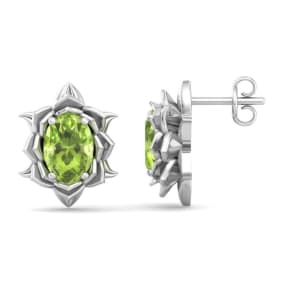 2 Carat Oval Shape Peridot Ornate Stud Earrings In 14K White Gold