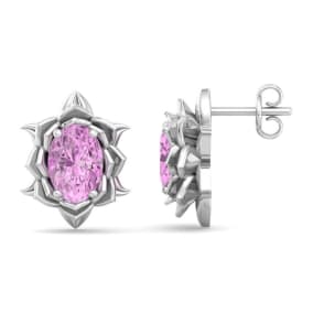2 Carat Oval Shape Pink Topaz Ornate Stud Earrings In 14K White Gold