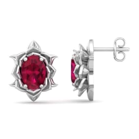 2 Carat Oval Shape Ruby Ornate Stud Earrings In 14K White Gold