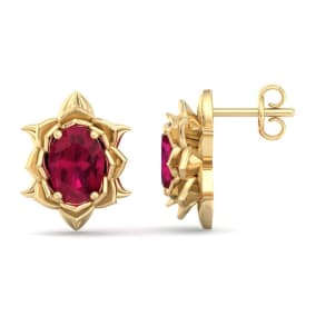 2 Carat Oval Shape Ruby Ornate Stud Earrings In 14K Yellow Gold