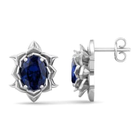2 Carat Oval Shape Sapphire Ornate Stud Earrings In 14K White Gold