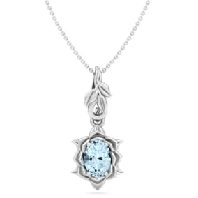 3/4 Carat Oval Shape Aquamarine Ornate Necklace In 14K White Gold