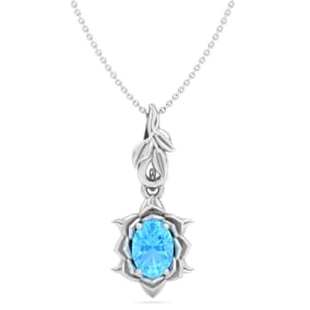 1 Carat Oval Shape Blue Topaz Ornate Necklace In 14K White Gold
