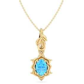 1 Carat Oval Shape Blue Topaz Ornate Necklace In 14K Yellow Gold