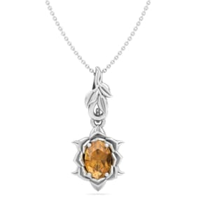 3/4 Carat Oval Shape Citrine Ornate Necklace In 14K White Gold