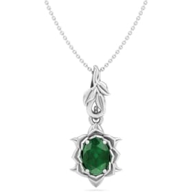 3/4 Carat Oval Shape Emerald Necklaces With Ornate Vine Design In 14 Karat White Gold, 18 Inch Chain