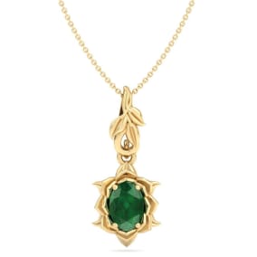 3/4 Carat Oval Shape Emerald Necklaces With Ornate Vine Design In 14 Karat Yellow Gold, 18 Inch Chain